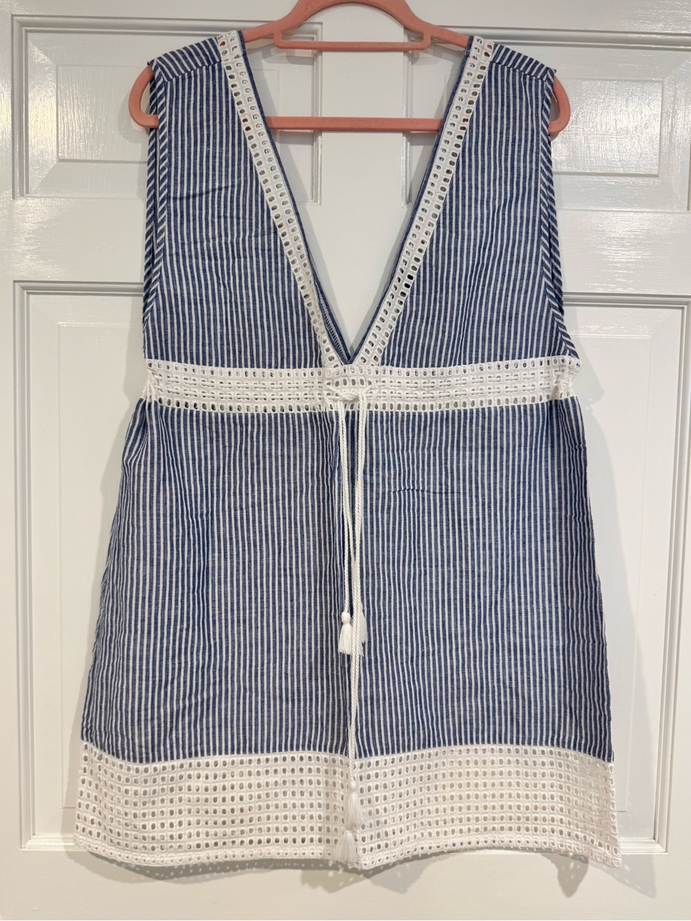 Women’s J-Crew Blue & White Striped Swim Cover-Up with Crochet Trim